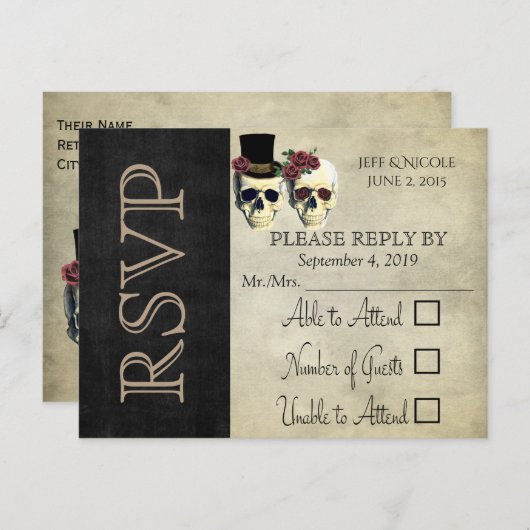 新郎新婦スカルティール(緑がかった色)バラウェディングRSVP インビテーションポストカード (正面/裏面)