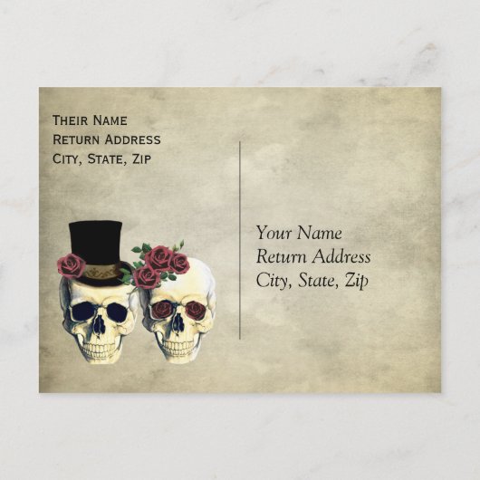 新郎新婦スカルティール(緑がかった色)バラウェディングRSVP インビテーションポストカード (裏面)