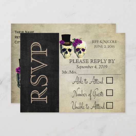 新郎新婦スカルパープル素朴ウェディングRSVP インビテーションポストカード (正面/裏面)