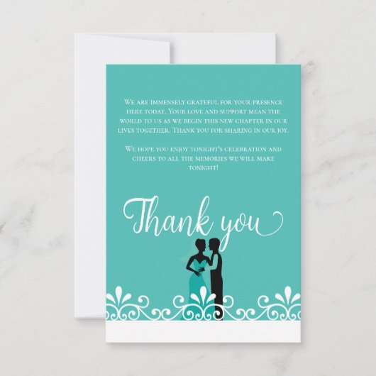 新郎新婦ティール（緑がかった色）ホワイトエレガントなウェディングサンキュー サンキューカード (正面)