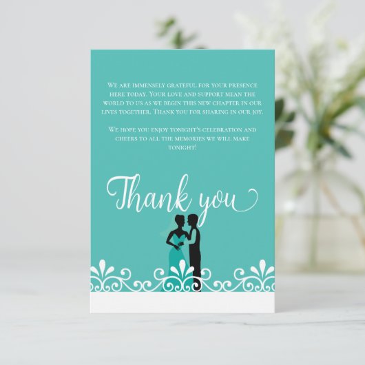 新郎新婦ティール（緑がかった色）ホワイトエレガントなウェディングサンキュー サンキューカード (スタンド正面)