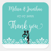 新郎新婦ティール(緑がかった色)ホワイトエレガントなウェディングサンキュー スクエアシール (正面)