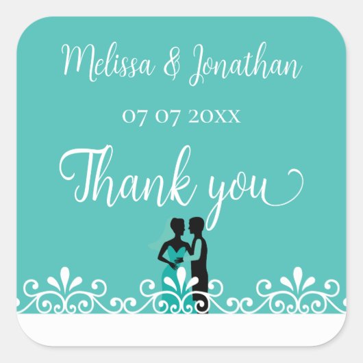 新郎新婦ティール（緑がかった色）ホワイトエレガントなウェディングサンキュー スクエアシール (正面)