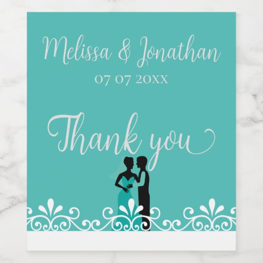 新郎新婦ティール（緑がかった色）ホワイトエレガントなウェディングサンキュー ワインラベル (シングルラベル)