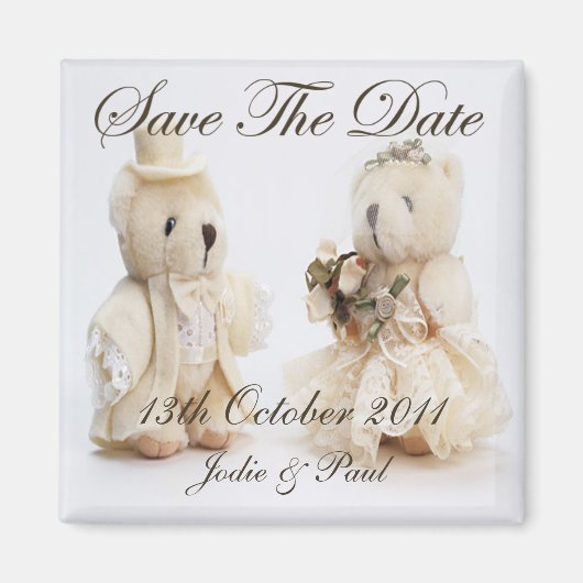 新郎新婦テディベア – 日付を保存 マグネット (正面)
