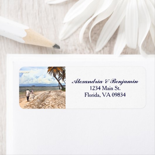 新郎新婦トロピカルビーチウォーターカラーカスタム ラベル (インサイチュ)