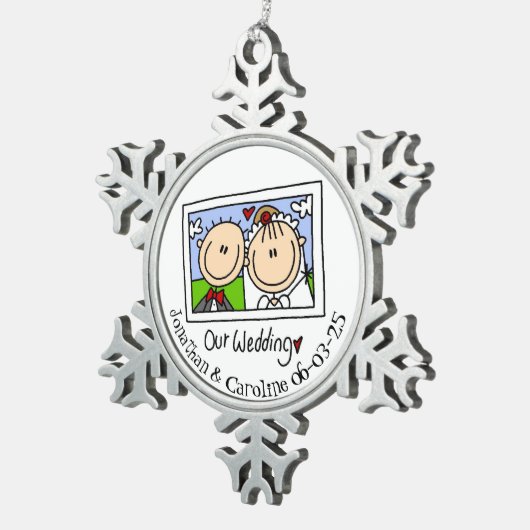 新郎新婦パーソナライズされたフォトスノーフレークオーナメント スノーフレークピューターオーナメント (右)