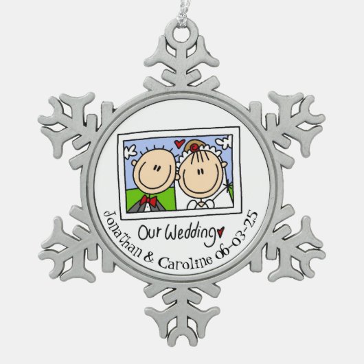 新郎新婦パーソナライズされたフォトスノーフレークオーナメント スノーフレークピューターオーナメント (正面)