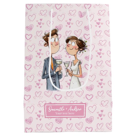 新郎新婦パーソナライズされた抱き枕おもしろい漫画 ミディアムペーパーバッグ (裏面)