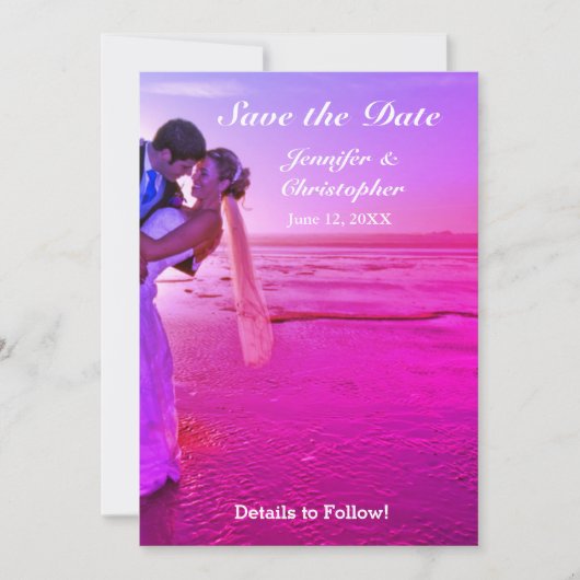 新郎新婦パープルサンセットビーチ保存日 セーブザデート (正面)