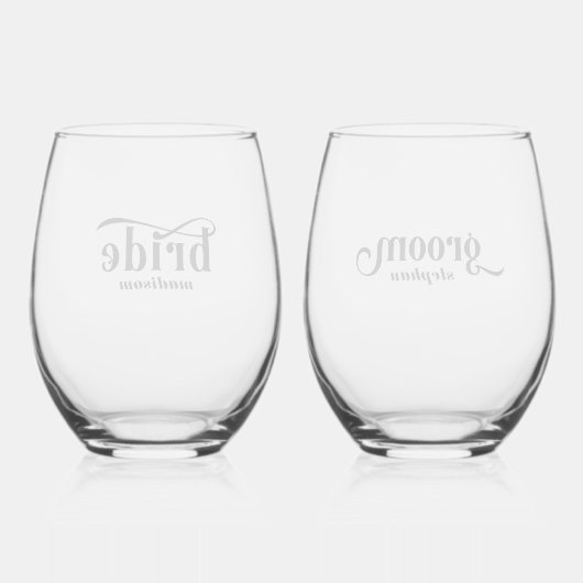新郎新婦ブラックエレガントタイポグラフィ ステムなしワイングラス (裏面)