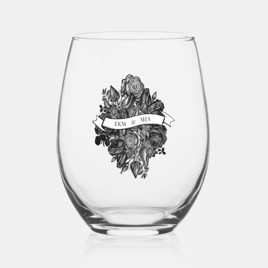 新郎新婦モノグラムイニシャルブラックバラ ステムなしワイングラス (正面)