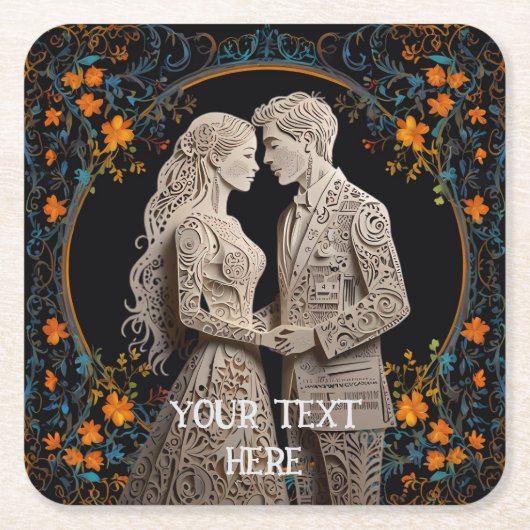 新郎新婦結婚のパーソナライズされた スクエアペーパーコースター (正面)