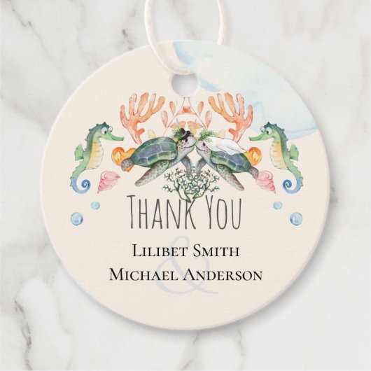 新郎新婦結婚のファボをフィーチャーしたウミガメ フェイバータグ (正面)