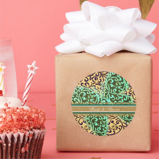 新郎新婦蝶スワーズグリーン白黒 ラウンドシール (パーティー)