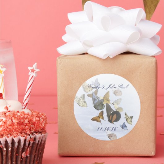 新郎新婦蝶スワーズネイビー&イエロー ラウンドシール (パーティー)