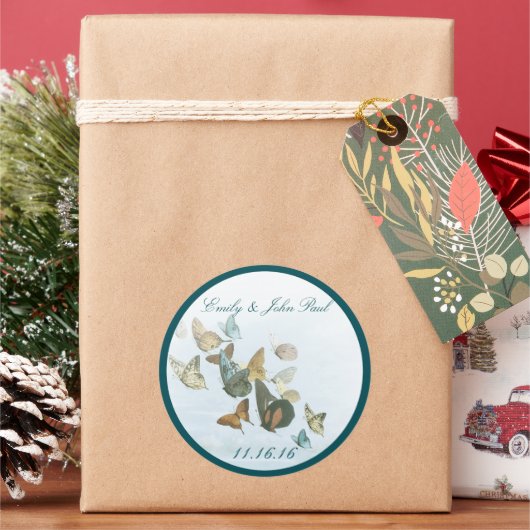 新郎新婦蝶スワーズ深いティール(緑がかった色) ラウンドシール (クリスマス)