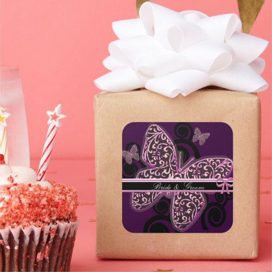 新郎新婦蝶スワールパープル白黒 スクエアシール (パーティー)