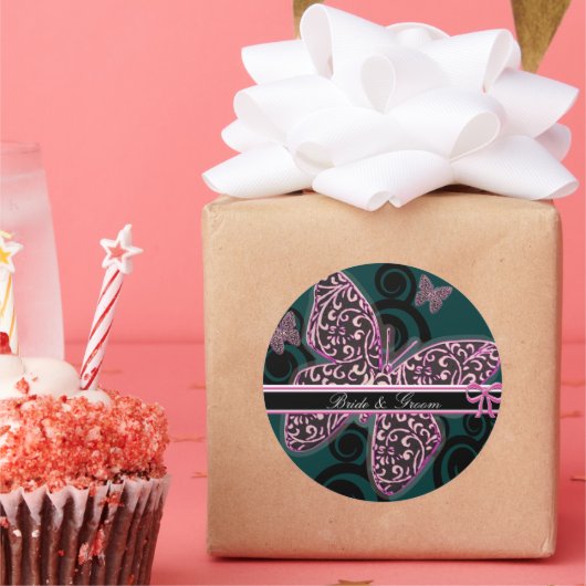 新郎新婦蝶スワールパープル白黒 ラウンドシール (パーティー)