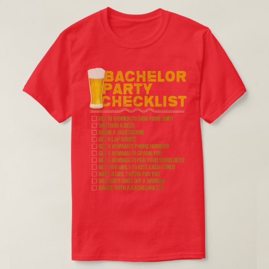 新郎独身最後の夜チェックリスト 仲間のための面白い結婚式 Tシャツ (デザイン正面)
