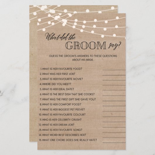 新郎素朴が何と言ったかブライダルシャワーゲーム (正面/裏面)