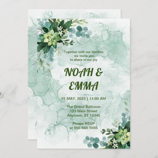 新鮮でクリーンな白と緑の結婚式招待状 招待状 (正面/裏面)