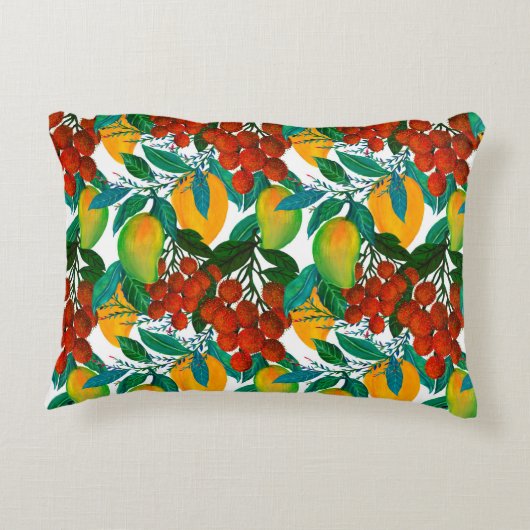 新鮮なエキゾチックなマンゴーとシームレスなパターン アクセントクッション (裏面)