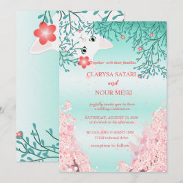 新鮮なカラフルのシンプルネコフラ結婚ーズ 招待状