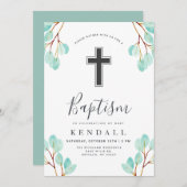 新鮮なユーカリ | 緑をテーマにした洗礼 招待状 (正面/裏面)