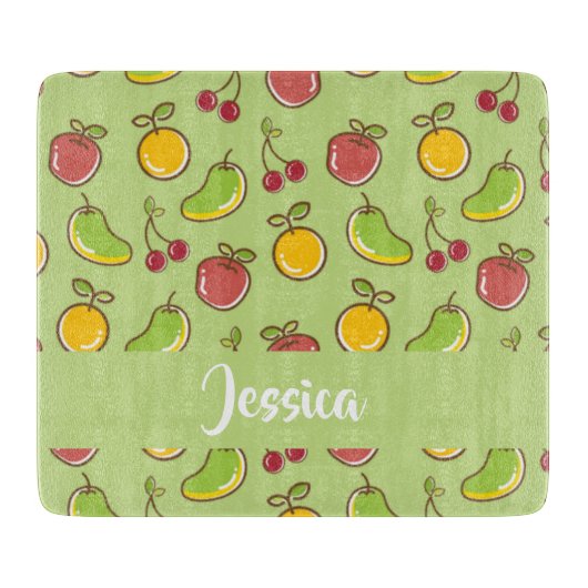 新鮮な夏の果実の緑のパターン カッティングボード (正面)