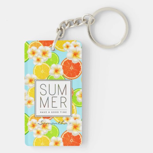 新鮮な夏の果物とエキゾチックなプルメリアの花 キーホルダー (裏面)