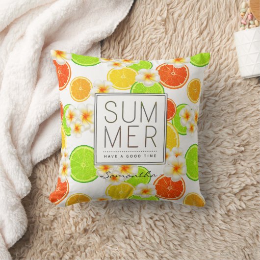 新鮮な夏の果物とエキゾチックなプルメリアの花 クッション (ブランケット)