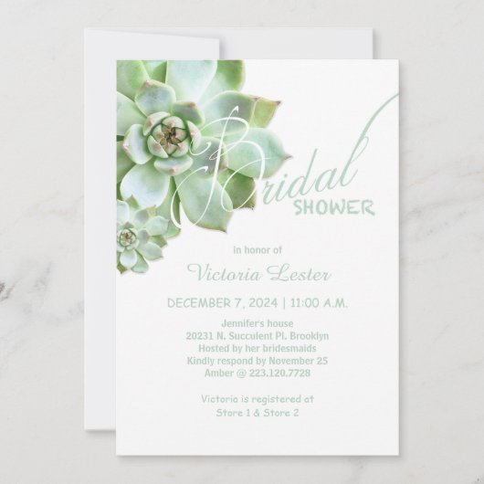 新鮮な多肉性ブライダルシャワー 招待状 (正面)