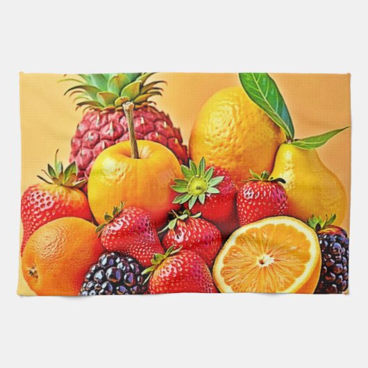 新鮮な恵み：元気な果物の収穫デザイン キッチンタオル (横)