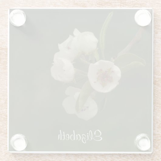 新鮮な春梨の花のパーソナライズされた写真 ガラスコースター (裏面)