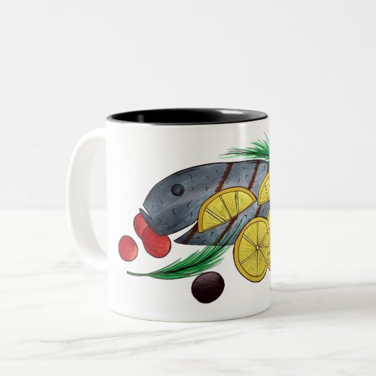 新鮮な焼き魚ギリシャのシーフ地中海のィード ツートーンマグカップ (正面左)