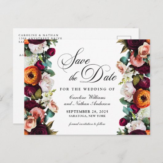 新鮮な秋ロマンチックなフローラ結婚式の日付を保存 ポストカード (正面/裏面)