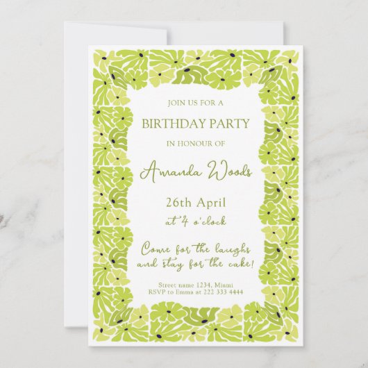 新鮮な葉の縁ど誕生祝い 招待状 (正面)