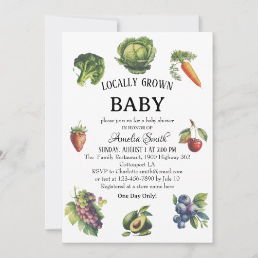新鮮な農家ガーデンローカルで育った赤ちゃんシャワー 招待状 (正面)
