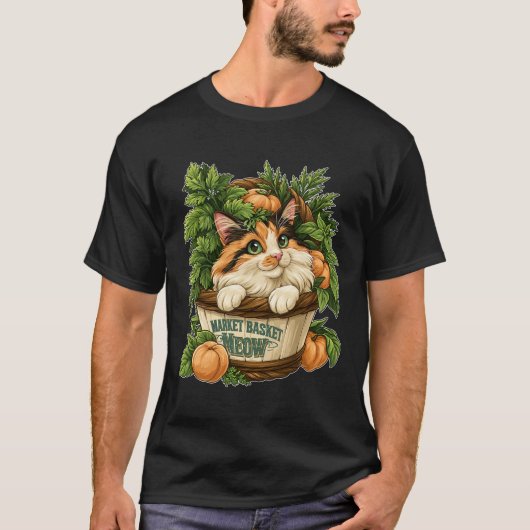 新鮮な野菜とマーケットバスケットの中のニャンコ Tシャツ (正面)