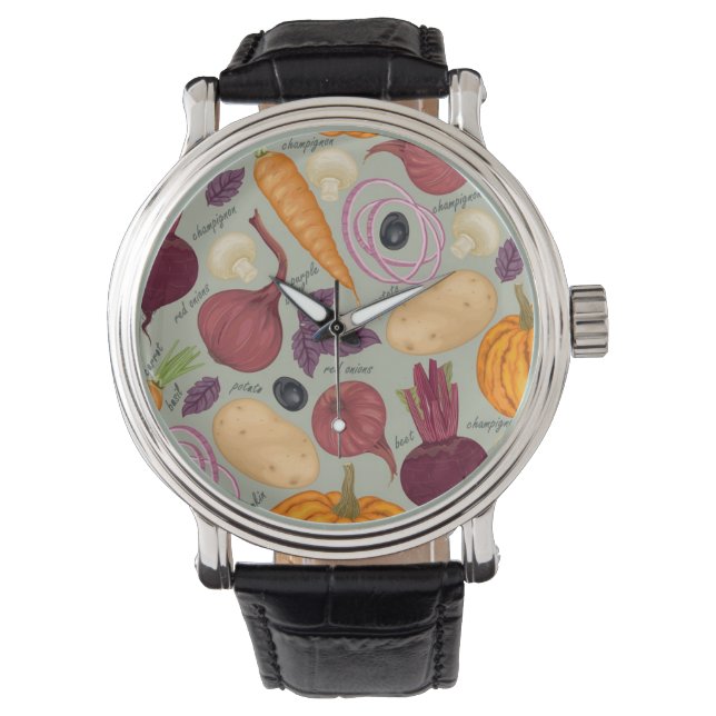新鮮な野菜のレトロ背景 腕時計 (正面)