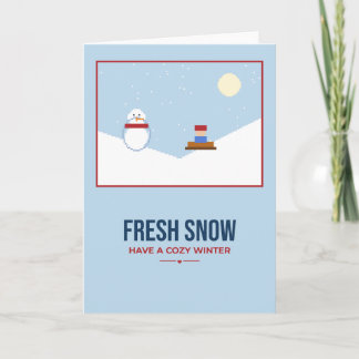 新鮮な雪のそり遊びの丘の雪だるま 冬のカード カード