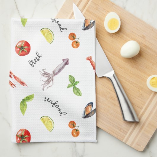 新鮮な魚介類の喜び キッチンタオル (四つ折り)