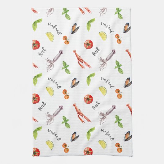 新鮮な魚介類の喜び キッチンタオル (縦)