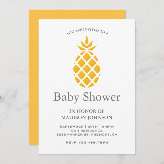 新鮮な黄色の熱帯パイナップルベビーシャワー 招待状 (正面/裏面)
