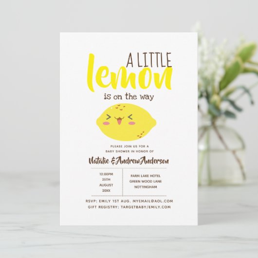 新鮮な黄色の赤ちゃんシャワーの途中の小さなレモン 招待状 (スタンド正面)
