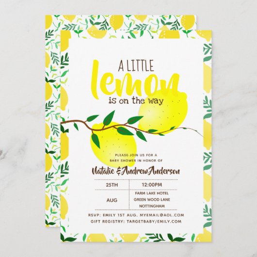 新鮮な黄色の赤ちゃんシャワーの途中の小さなレモン 招待状 (正面/裏面)