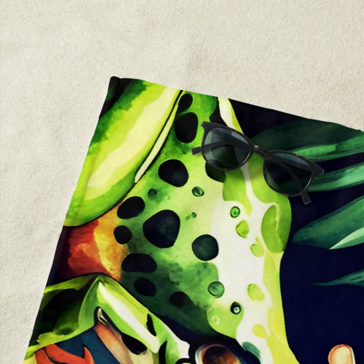 新鮮な、水の色の上に緑とオ葉レンジのカエル ビーチタオル (インサイチュ)