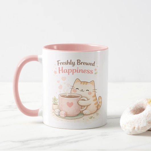 新鮮に淹れた可愛い子猫のコーヒー ピンク マグカップ (ドーナツ)