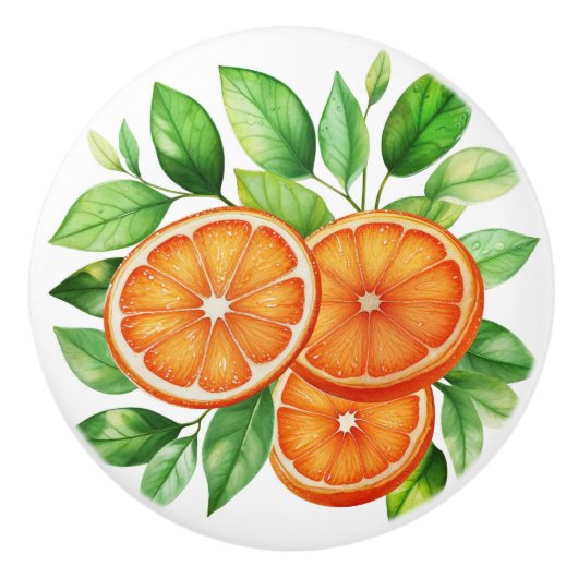 新鮮やかしい皮をむいたオレンジの切り身の静止ライフ セラミックノブ (正面)